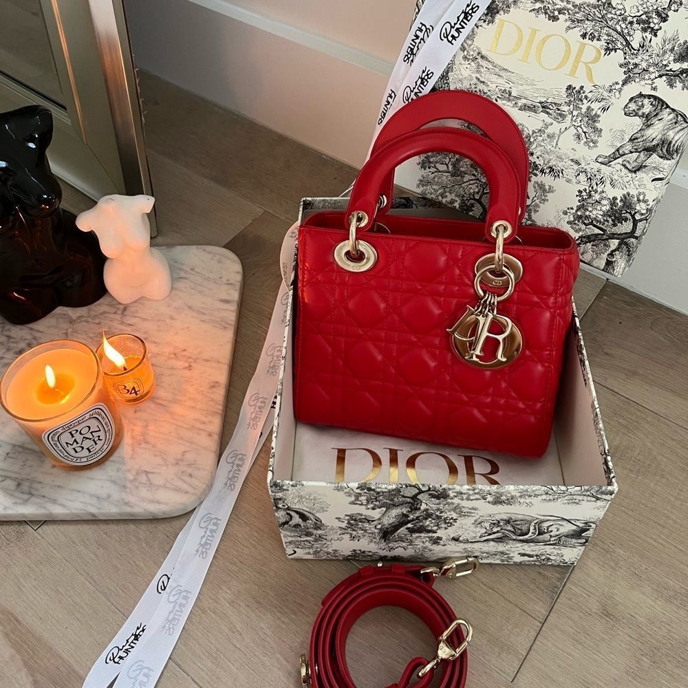 100% authentic dior lady dior small 3 badge lambskin GHW lambskin